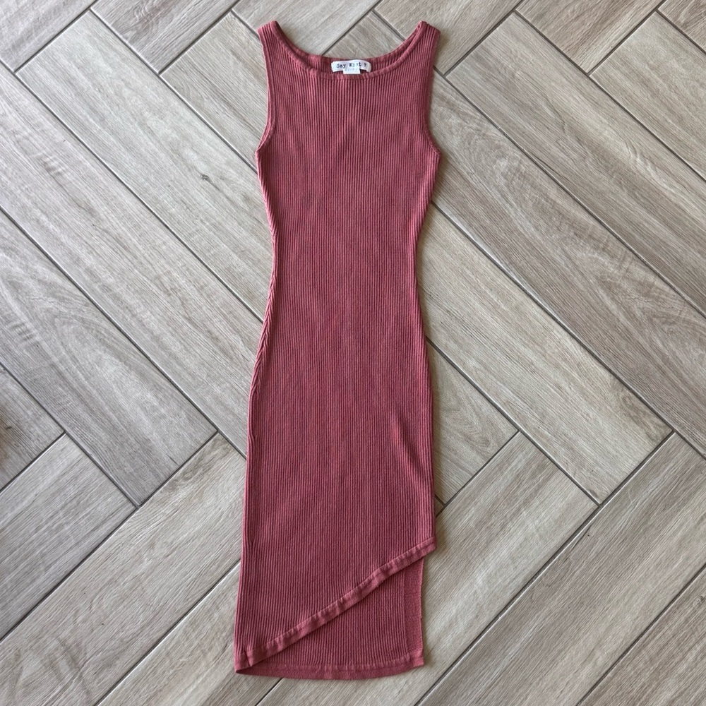 Say What? Ribbed Asymmetrical Tank Dress in Dusty Rose - Picture 2 of 6